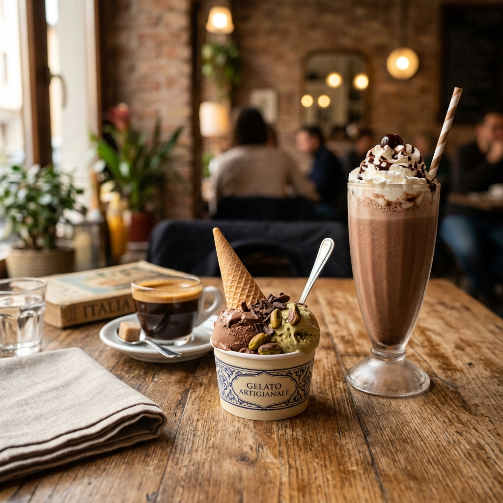 Delicioso helado artesanal italiano y milkshake premium en una mesa de Dolce Tropea